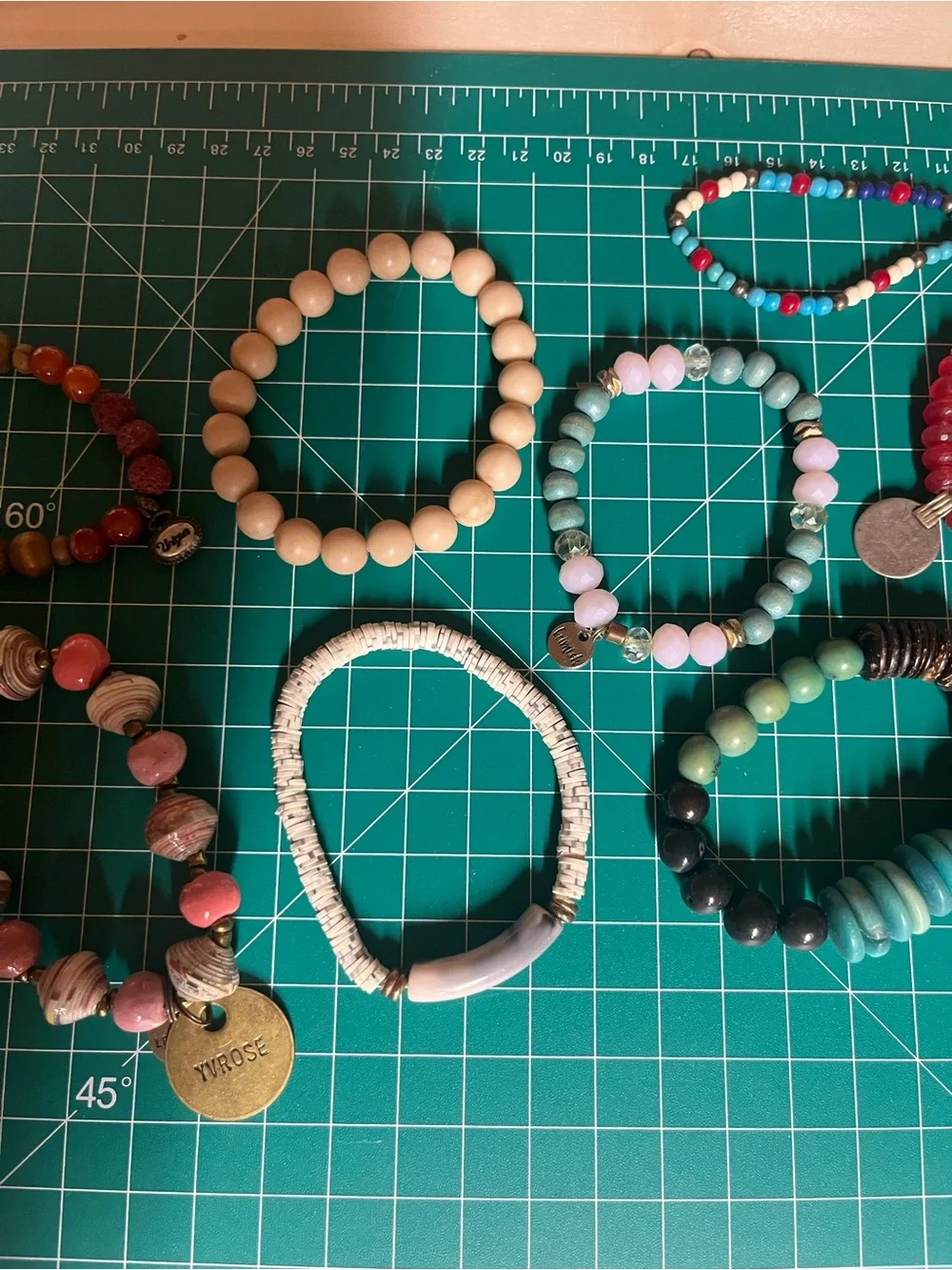 Lot of 9 Assorted Beaded Stretch Bracelets - Pink, Red, Tan, Aqua & Mixed Colors - Picture 3 of 6